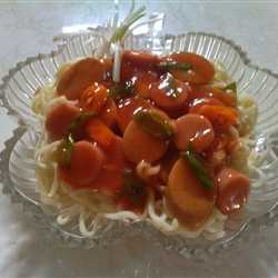 mie sosis saos asam pedas manis