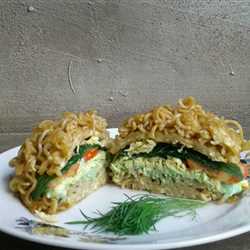 Indomie sandwich with avocado sauce and mozarella scramble egg