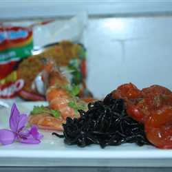 black indomie with prawn and tomato relish sauce