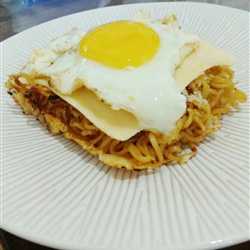 DOUBLE CHEESE BAKED NOODLE CAKE WITH SUNNY SIDE EGG