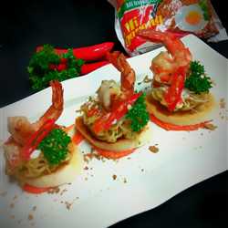 Prawn Indomie Bruschetta with Salted Egg Sauce