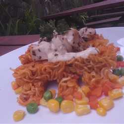Indomie Omelette with chicken spicy carbonara sauce