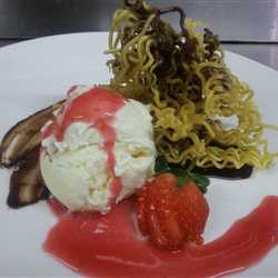 fried noodle with ice cream and chocolate sauce